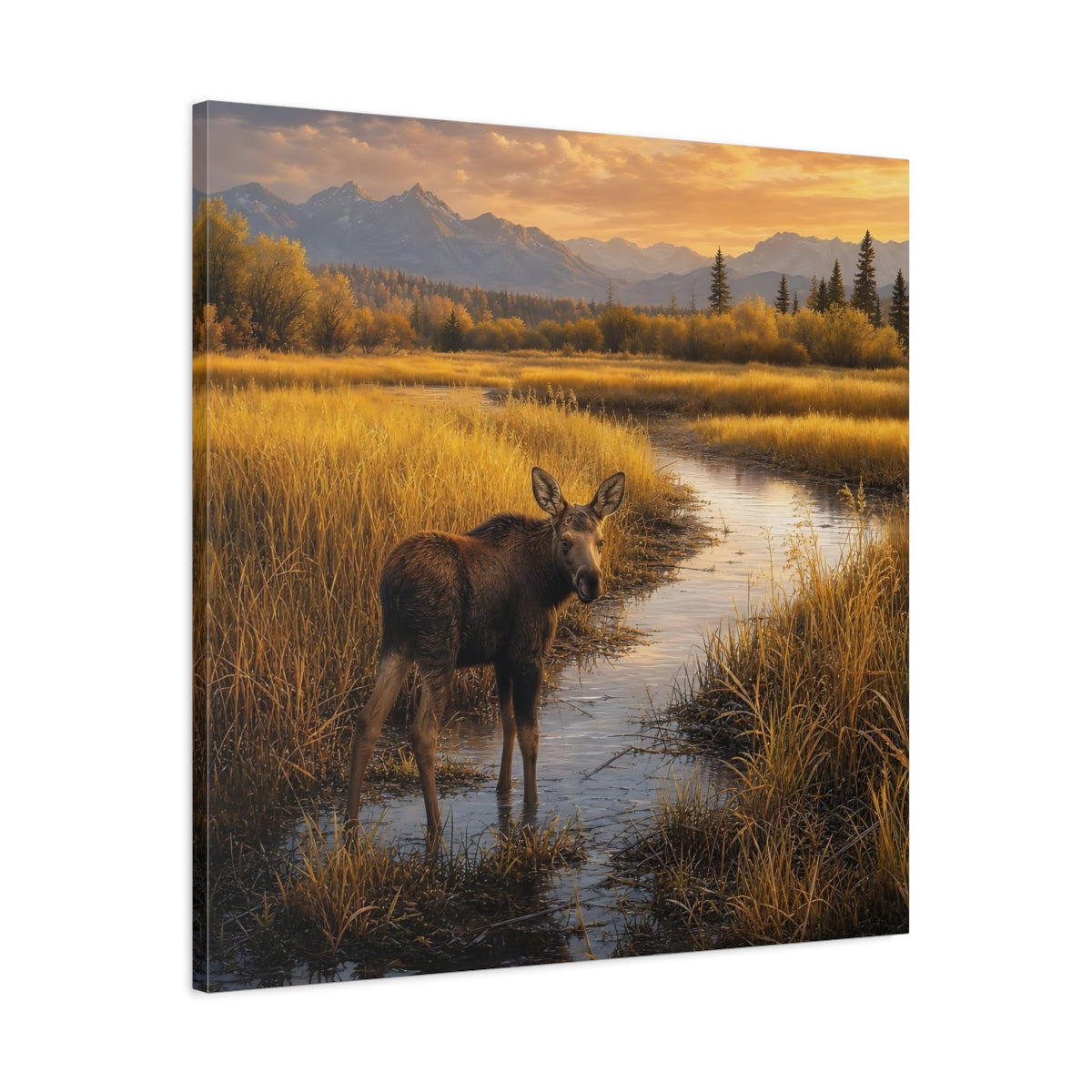 Side Mockup 3. Nature Moose Golden Moose shown as stretched canvas wall art