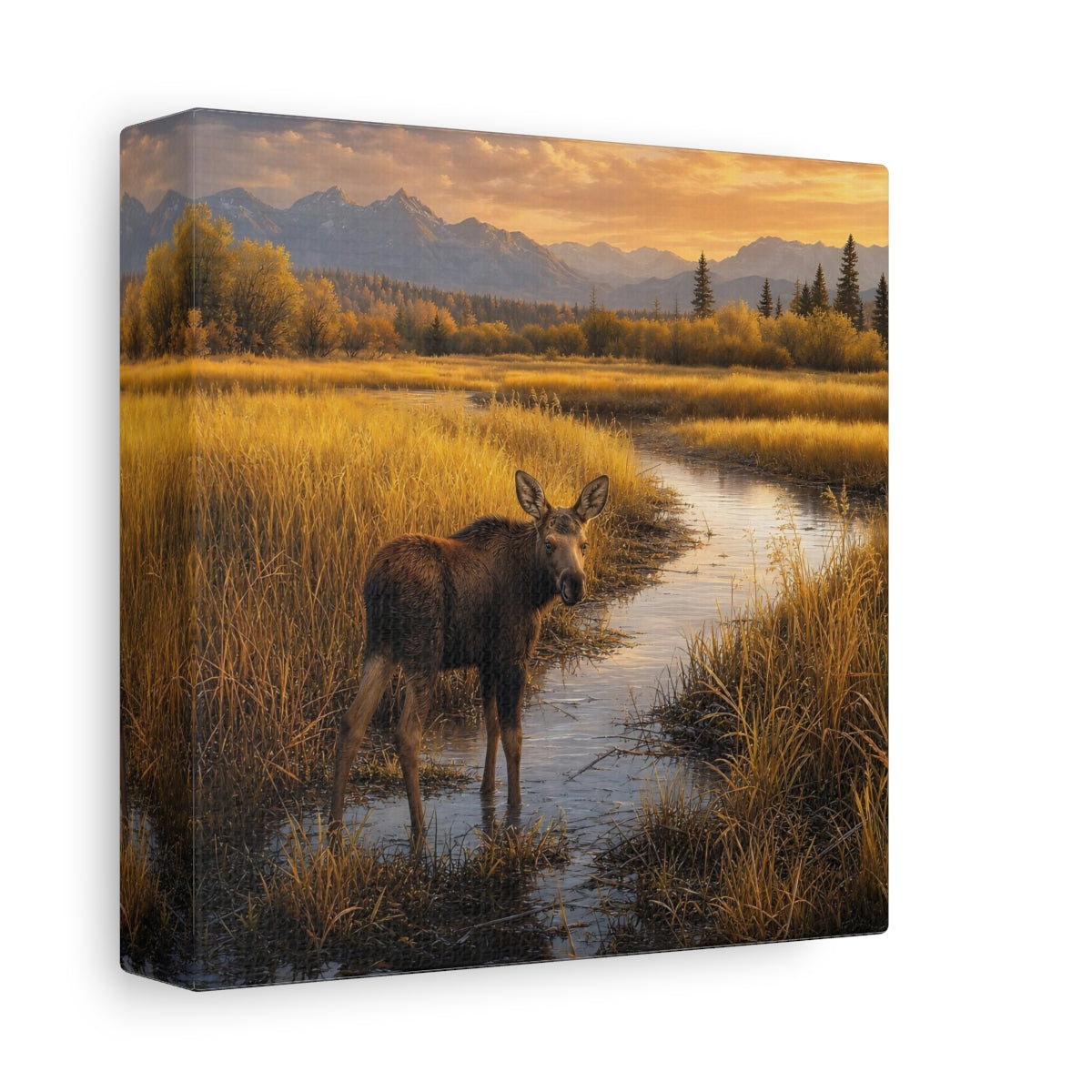 Side Mockup 2. Nature Moose Golden Moose shown as stretched canvas wall art