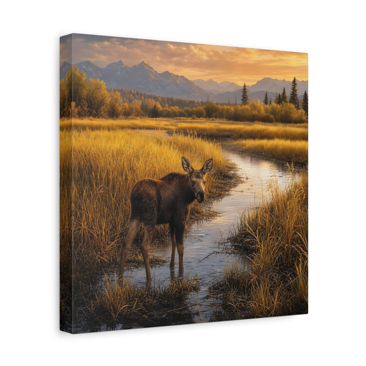 Side Mockup 8. Nature Moose Golden Moose shown as stretched canvas wall art