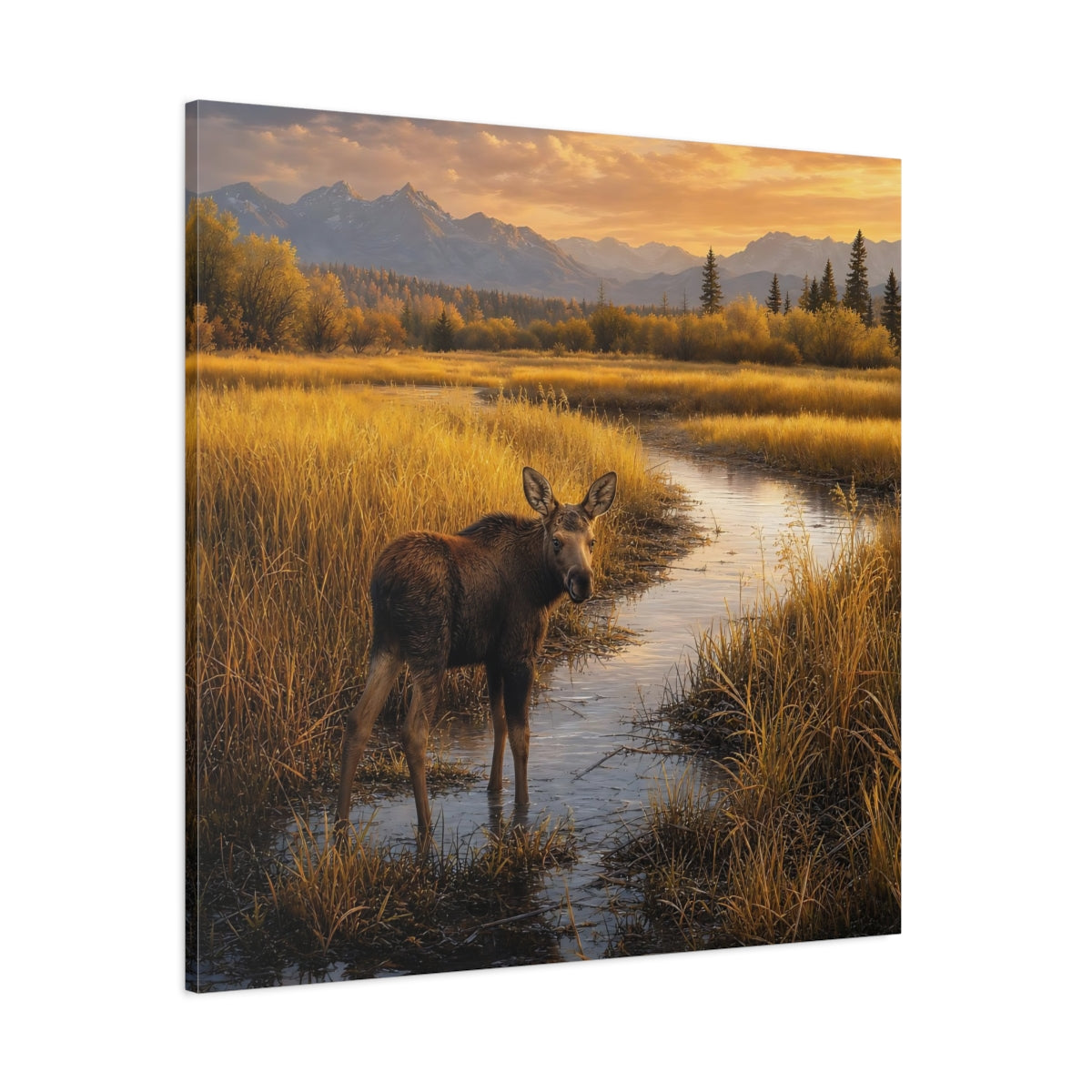 Side Mockup 1. Nature Moose Golden Moose shown as stretched canvas wall art