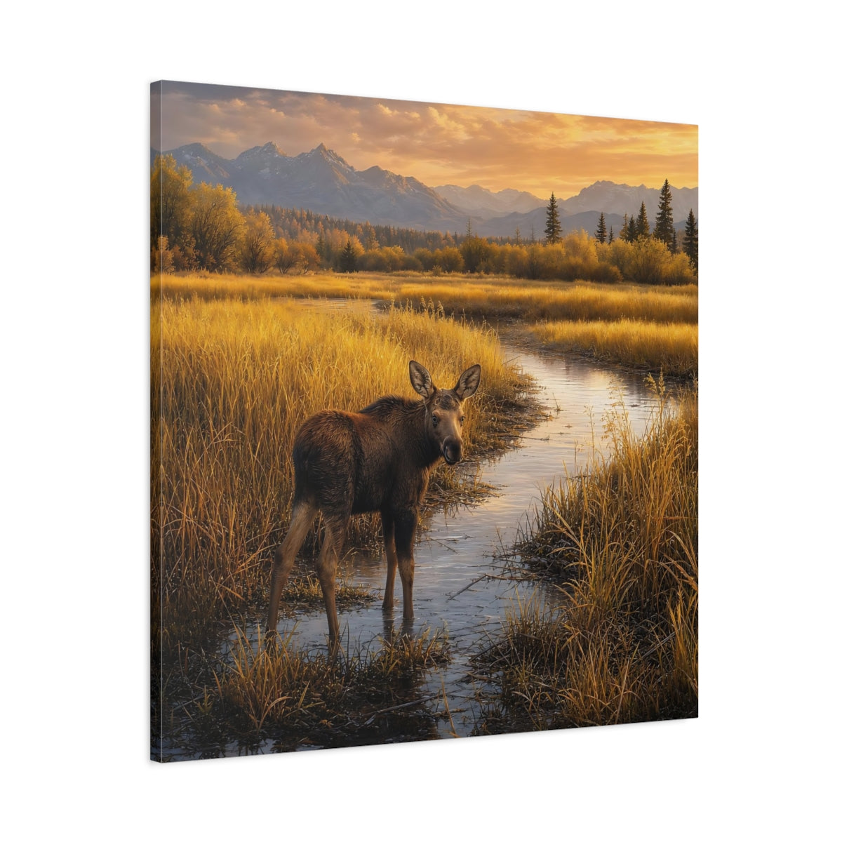 Main Mockup. Nature Moose Golden Moose shown as stretched canvas wall art