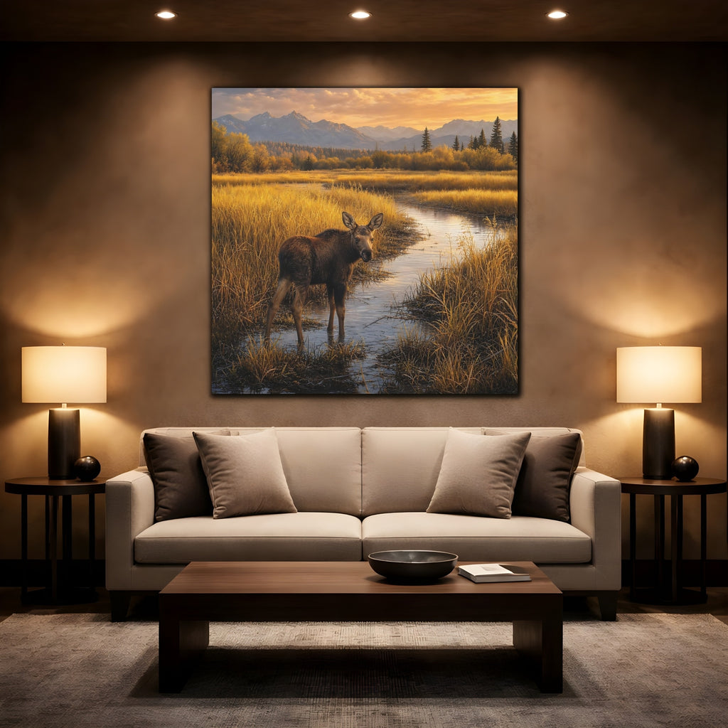 Mockup 2. Nature Moose Golden Moose shown as stretched canvas wall art