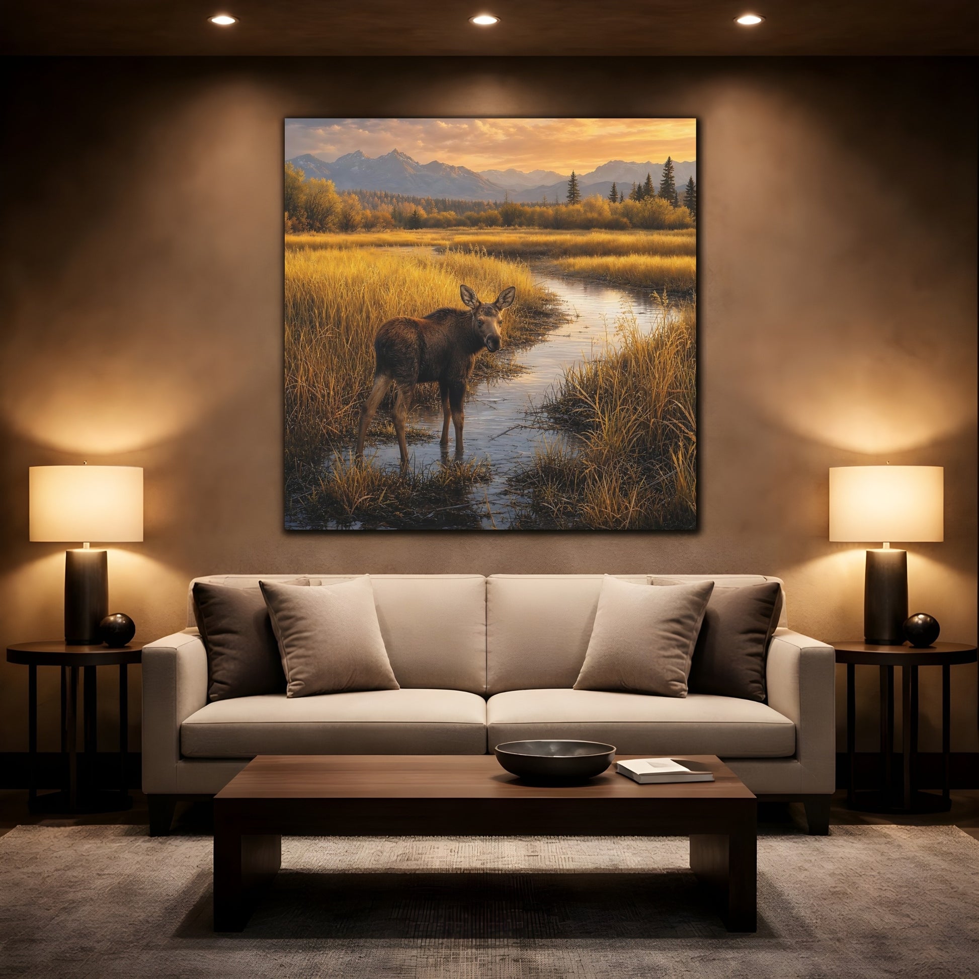 Mockup 2. Nature Moose Golden Moose shown as stretched canvas wall art