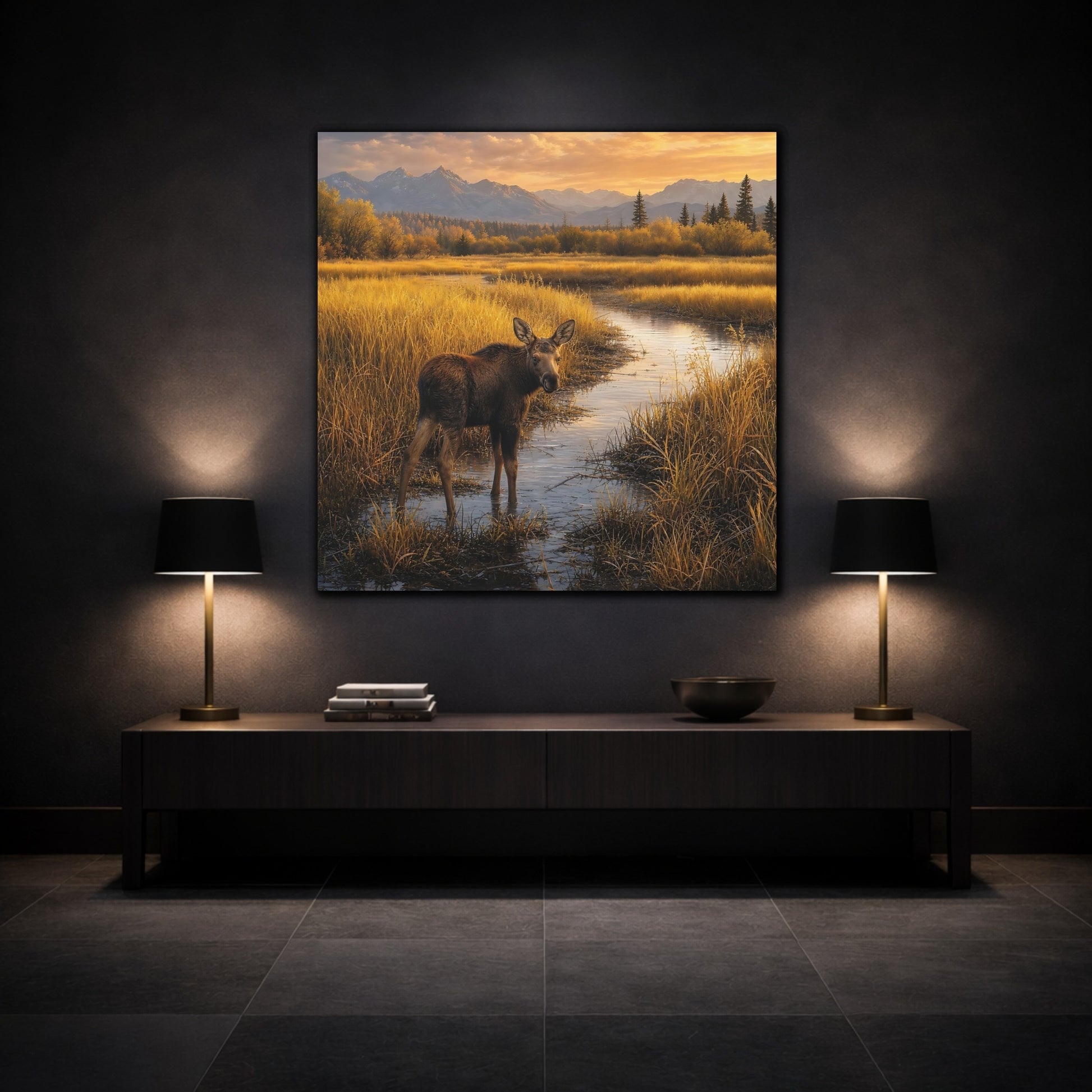 Mockup 3. Nature Moose Golden Moose shown as stretched canvas wall art