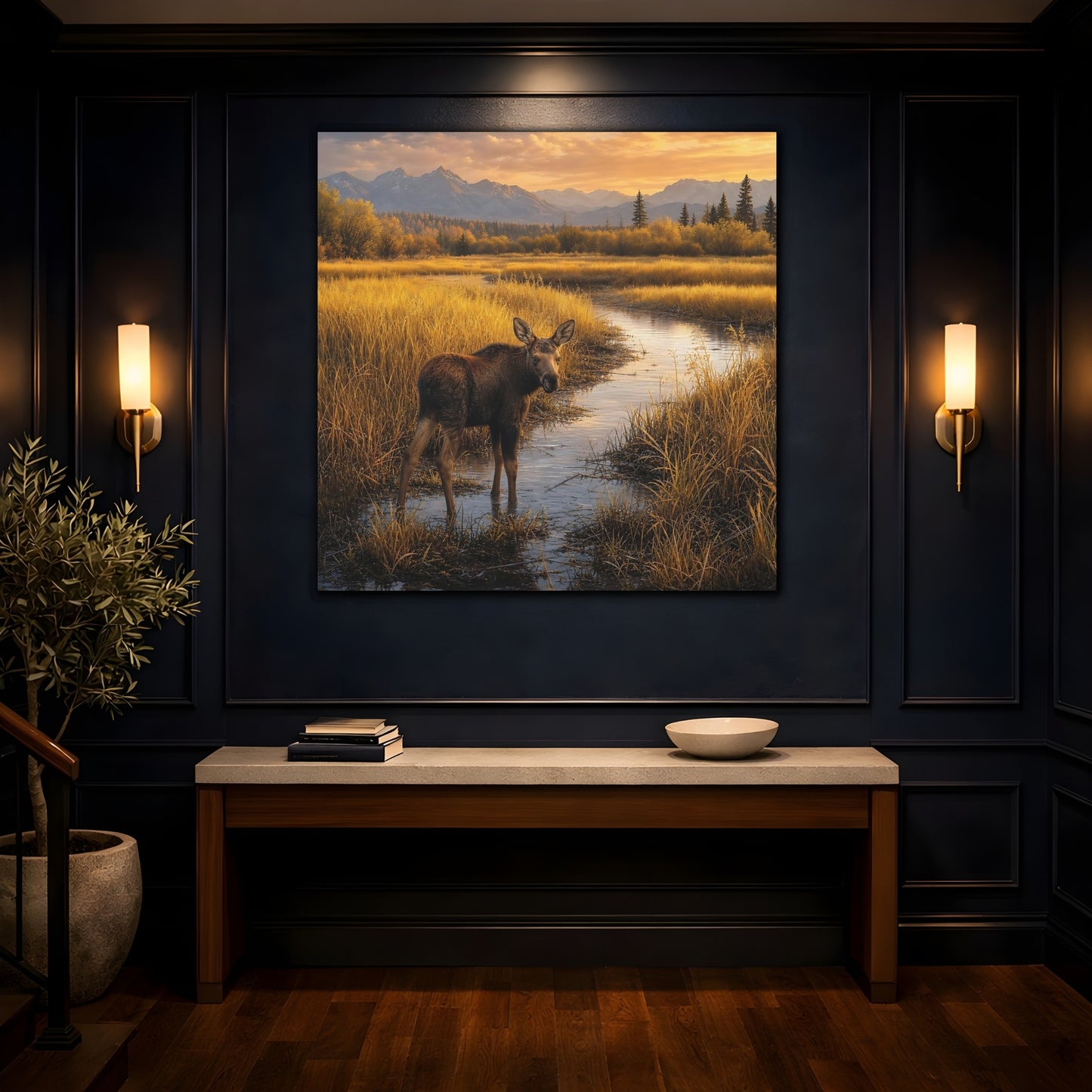 Mockup 4. Nature Moose Golden Moose shown as stretched canvas wall art