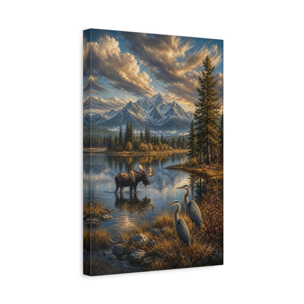Side Mockup 4. Nature Moose Herons Blue And Gold Landscape shown as stretched canvas wall art