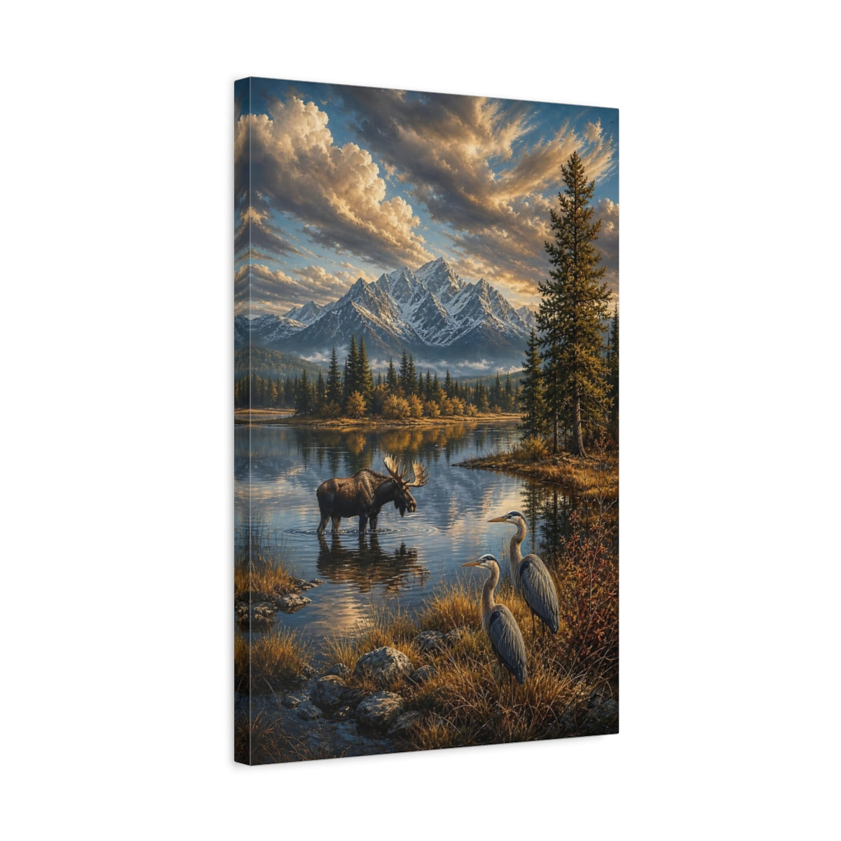 Side Mockup 3. Nature Moose Herons Blue And Gold Landscape shown as stretched canvas wall art