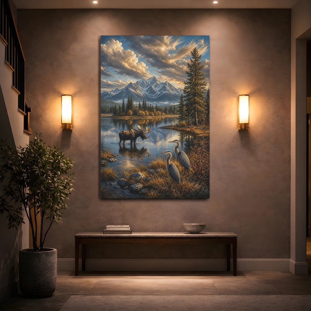 Mockup 2. Nature Moose Herons Blue And Gold Landscape shown as stretched canvas wall art