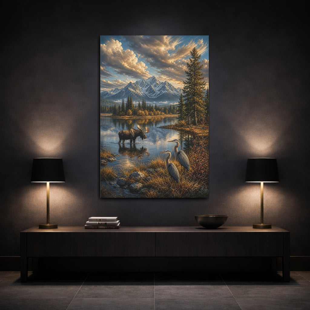 Mockup 3. Nature Moose Herons Blue And Gold Landscape shown as stretched canvas wall art