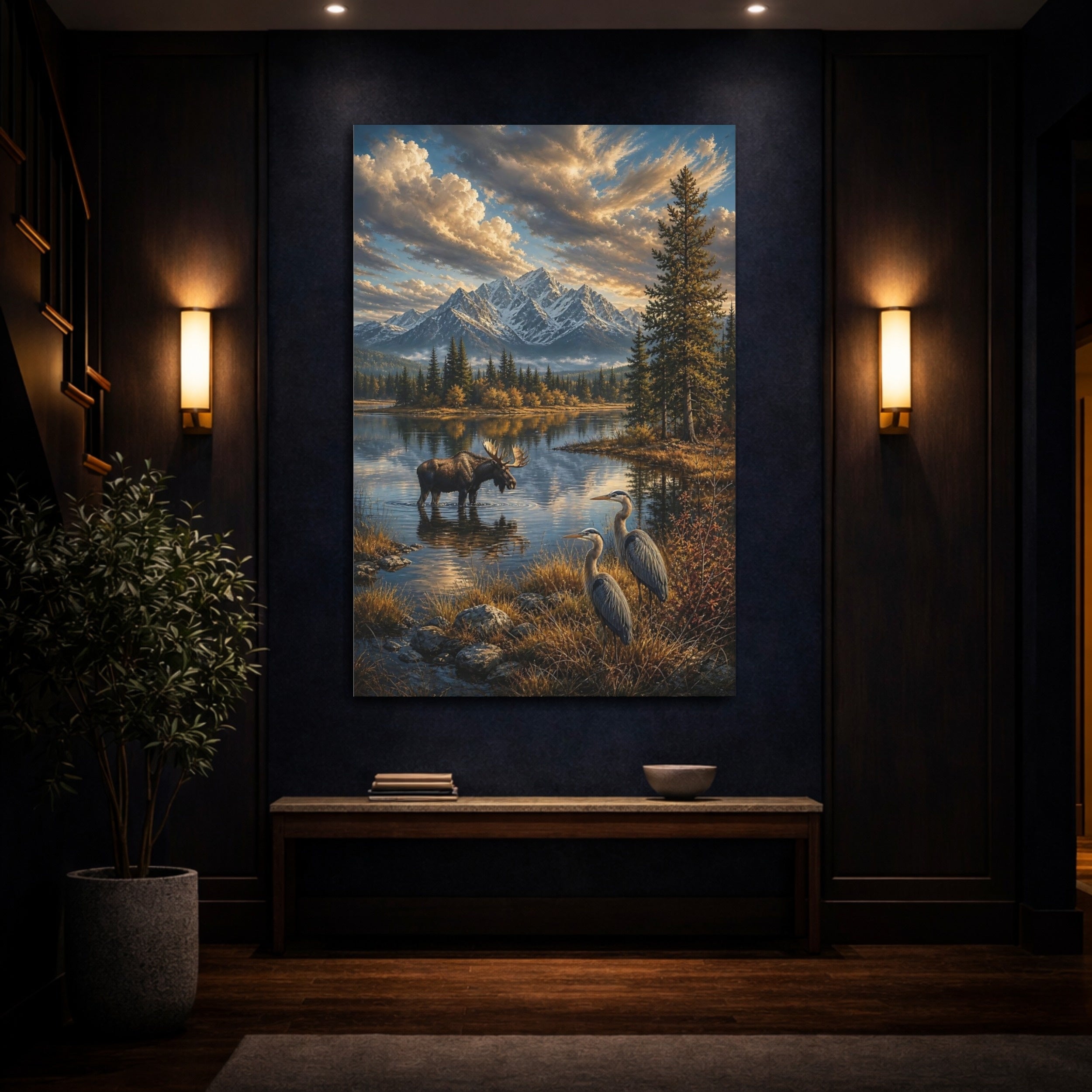 Mockup 4. Nature Moose Herons Blue And Gold Landscape shown as stretched canvas wall art