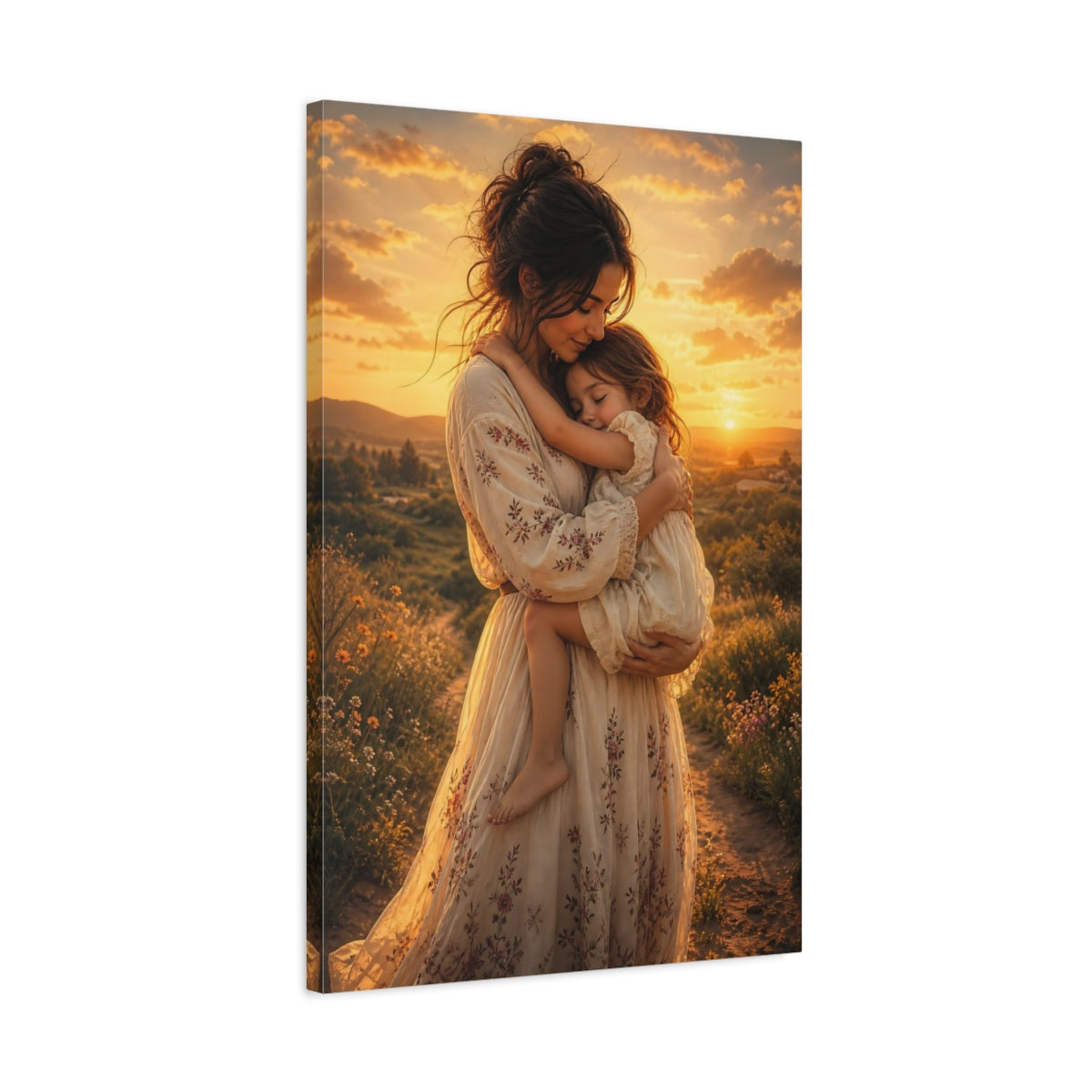 Nature Mother Child Golden Sunset Canvas Wall Art Print - Living Room Decor, Above Sofa shown as canvas wall art