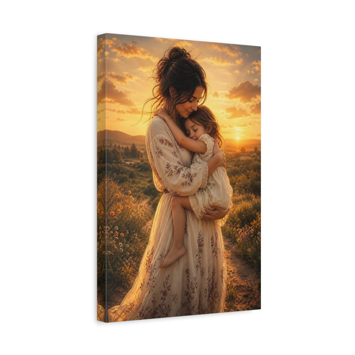 Nature Mother Child Golden Sunset Canvas Wall Art Print - Living Room Decor, Above Sofa shown as canvas wall art