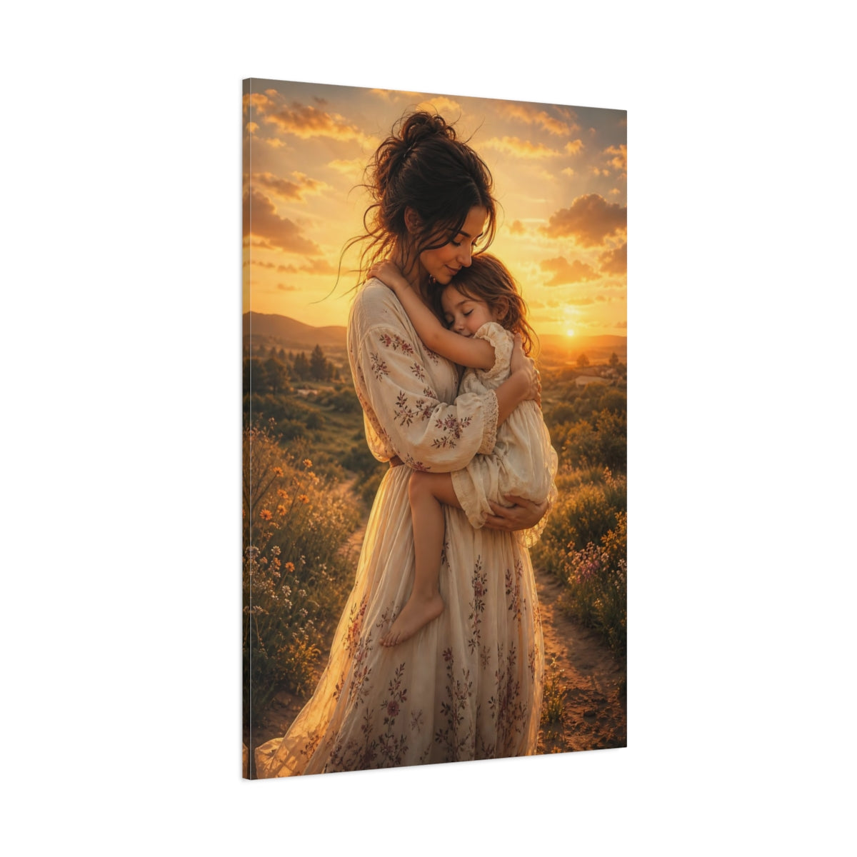 Nature Mother Child Golden Sunset Canvas Wall Art Print - Living Room Decor, Above Sofa shown as canvas wall art