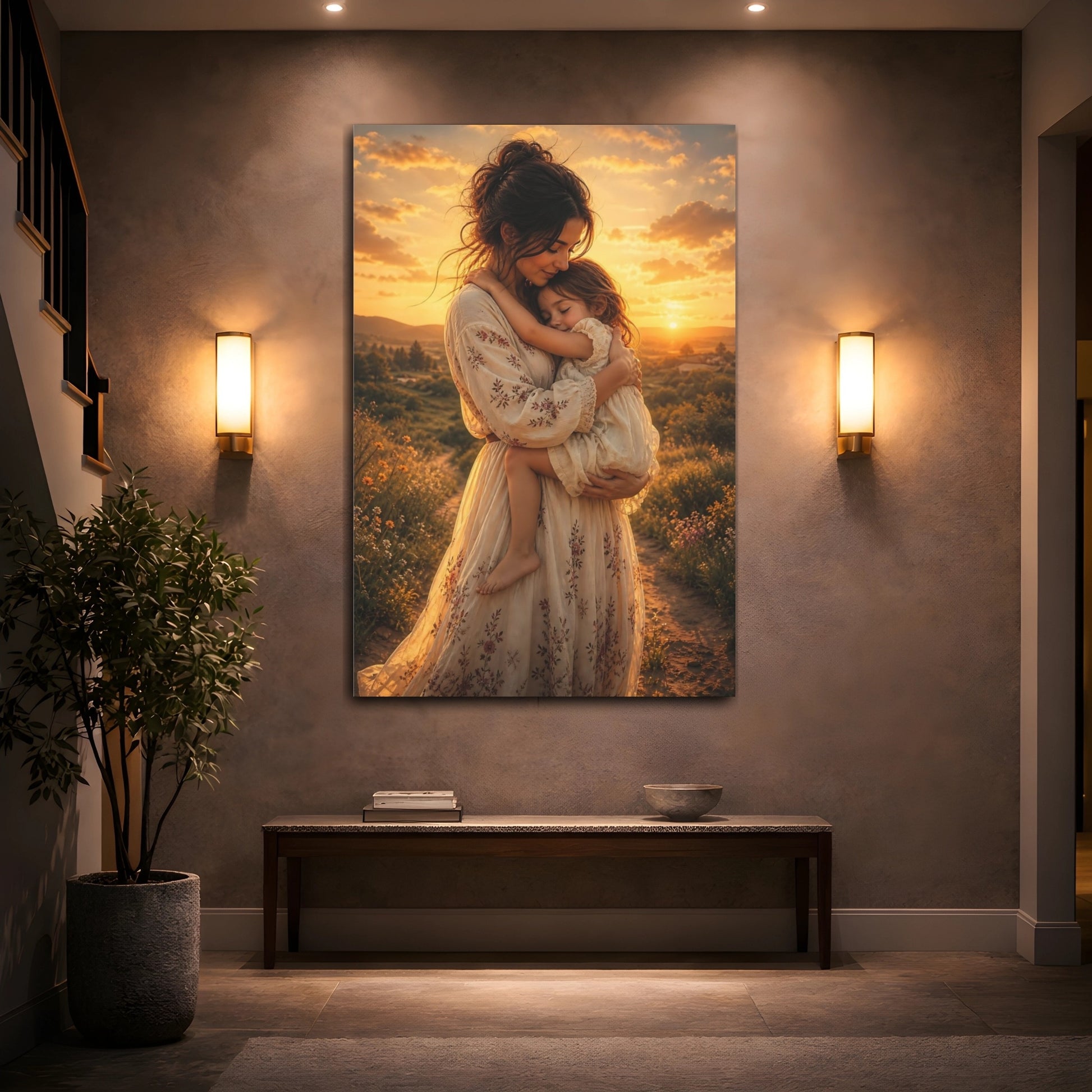 Nature Mother Child Golden Sunset Canvas Wall Art Print - Living Room Decor, Above Sofa shown as canvas wall art