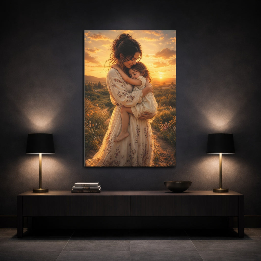 Mockup 3. Nature Mother Child Golden Sunset shown as stretched canvas wall art