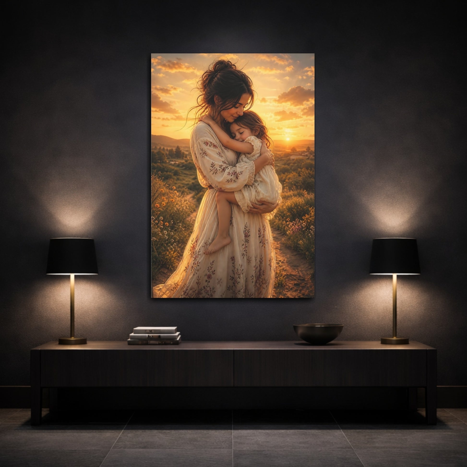 Nature Mother Child Golden Sunset Canvas Wall Art Print - Living Room Decor, Above Sofa shown as canvas wall art