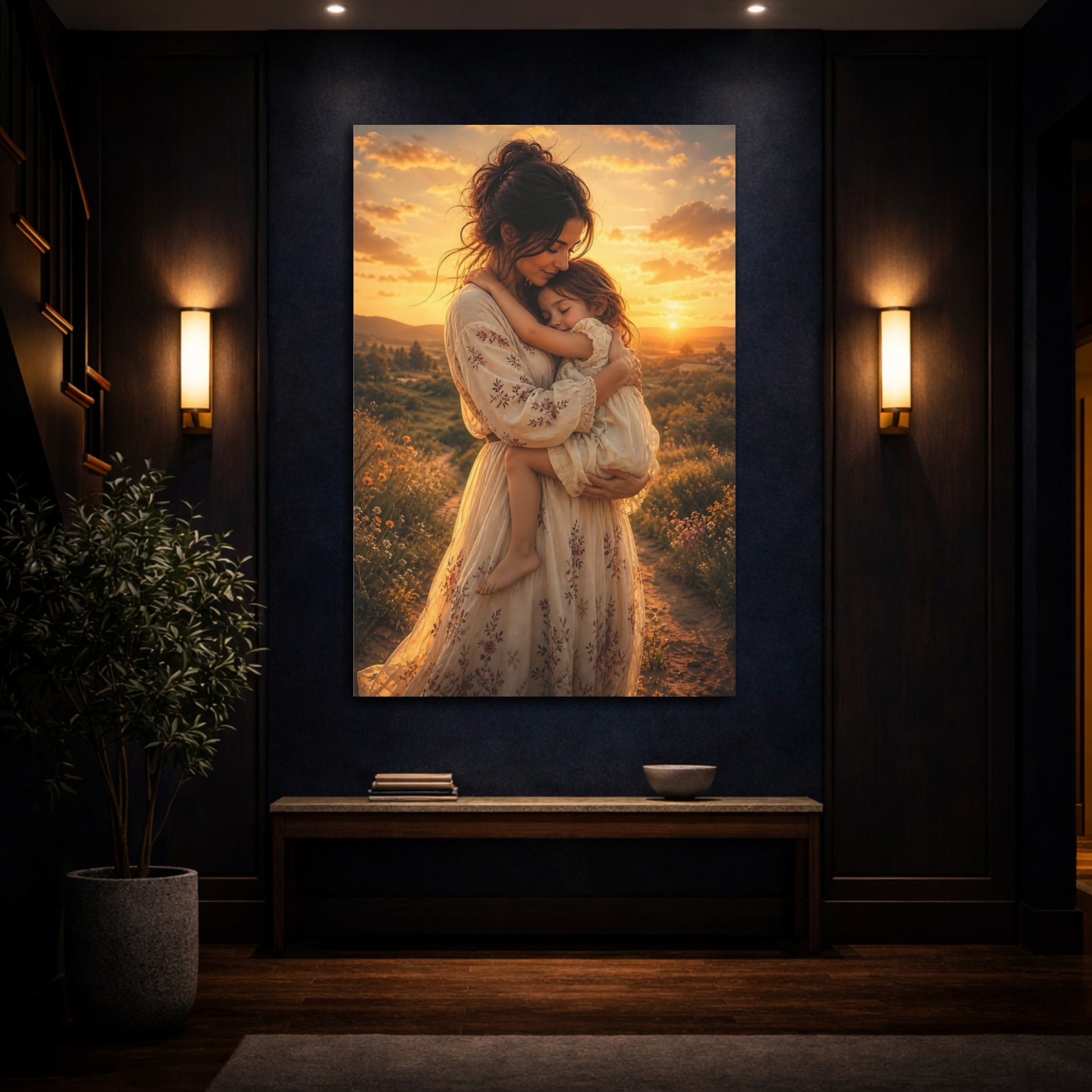 Nature Mother Child Golden Sunset Canvas Wall Art Print - Living Room Decor, Above Sofa shown as canvas wall art