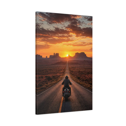 Main Mockup. Nature Motorcyclist Orange Sunset shown as stretched canvas wall art