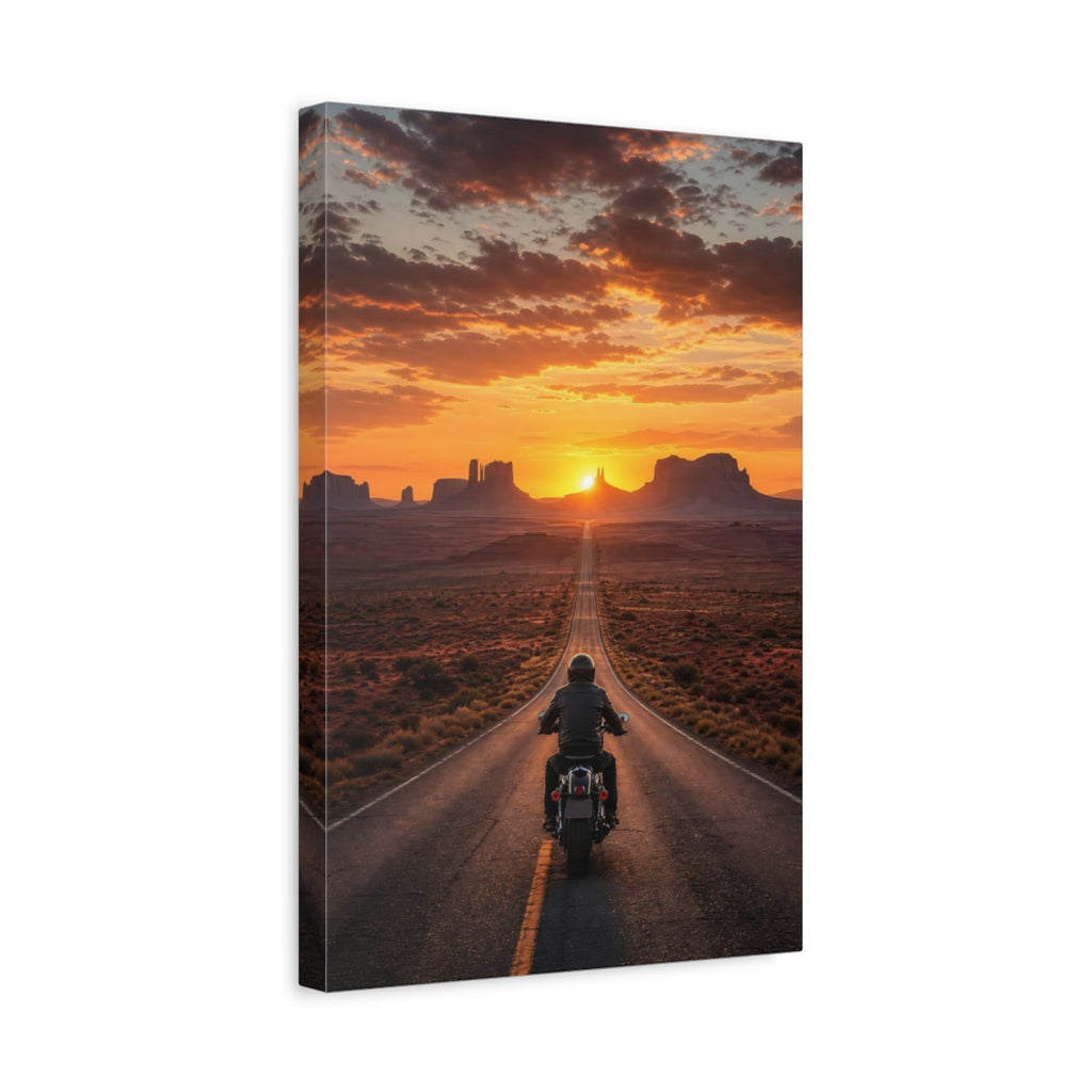 Side Mockup 4. Nature Motorcyclist Orange Sunset shown as stretched canvas wall art
