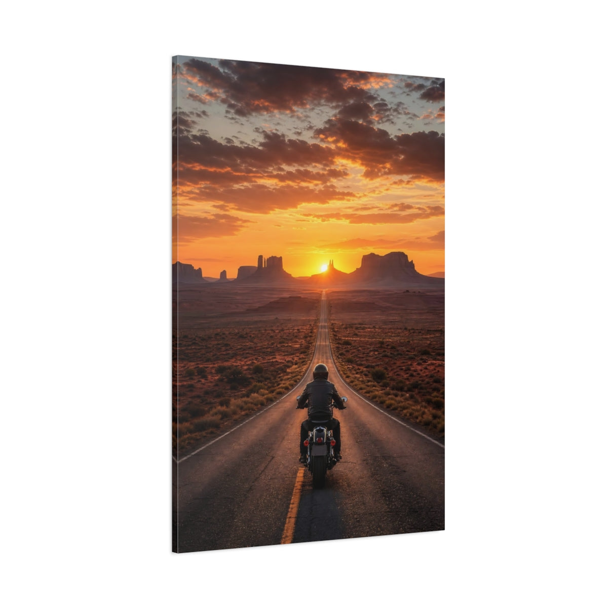 Nature Motorcyclist Orange Sunset Canvas Wall Art Print - Living Room, Above Couch shown as canvas wall art