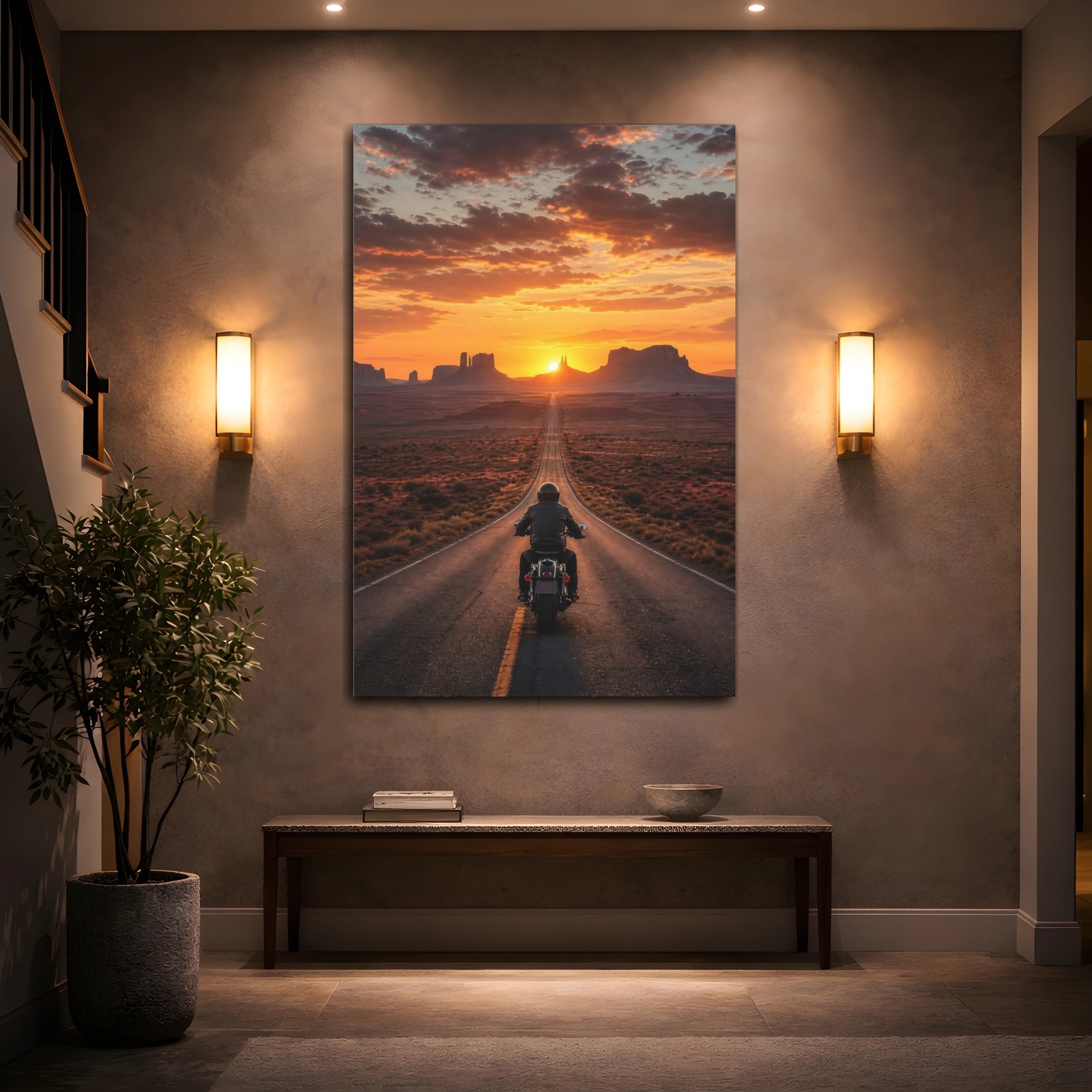 Mockup 2. Nature Motorcyclist Orange Sunset shown as stretched canvas wall art