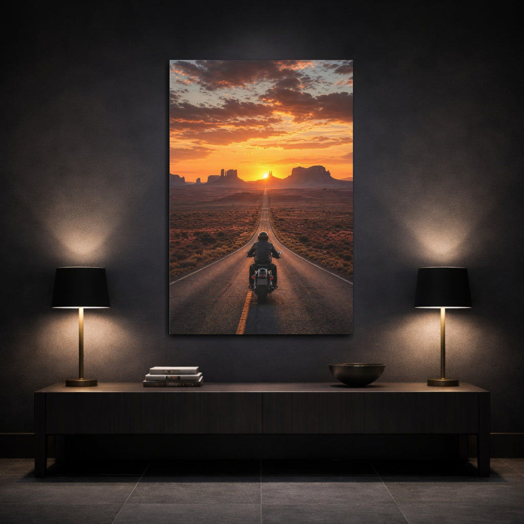 Mockup 3. Nature Motorcyclist Orange Sunset shown as stretched canvas wall art