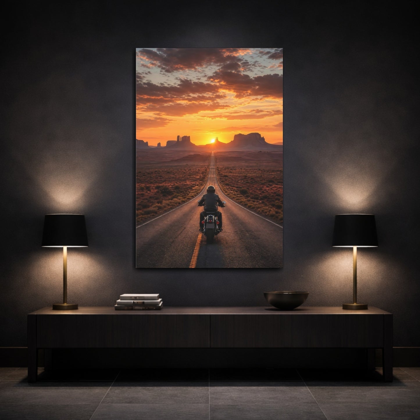Nature Motorcyclist Orange Sunset Canvas Wall Art Print - Living Room, Above Couch shown as canvas wall art