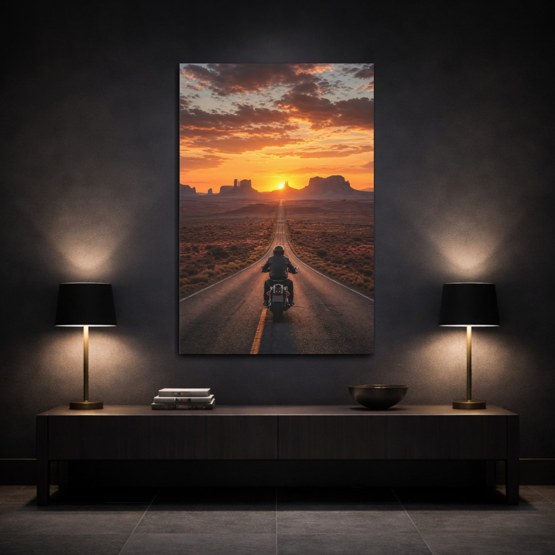 Nature Motorcyclist Orange Sunset Canvas Wall Art Print - Living Room, Above Couch shown as canvas wall art