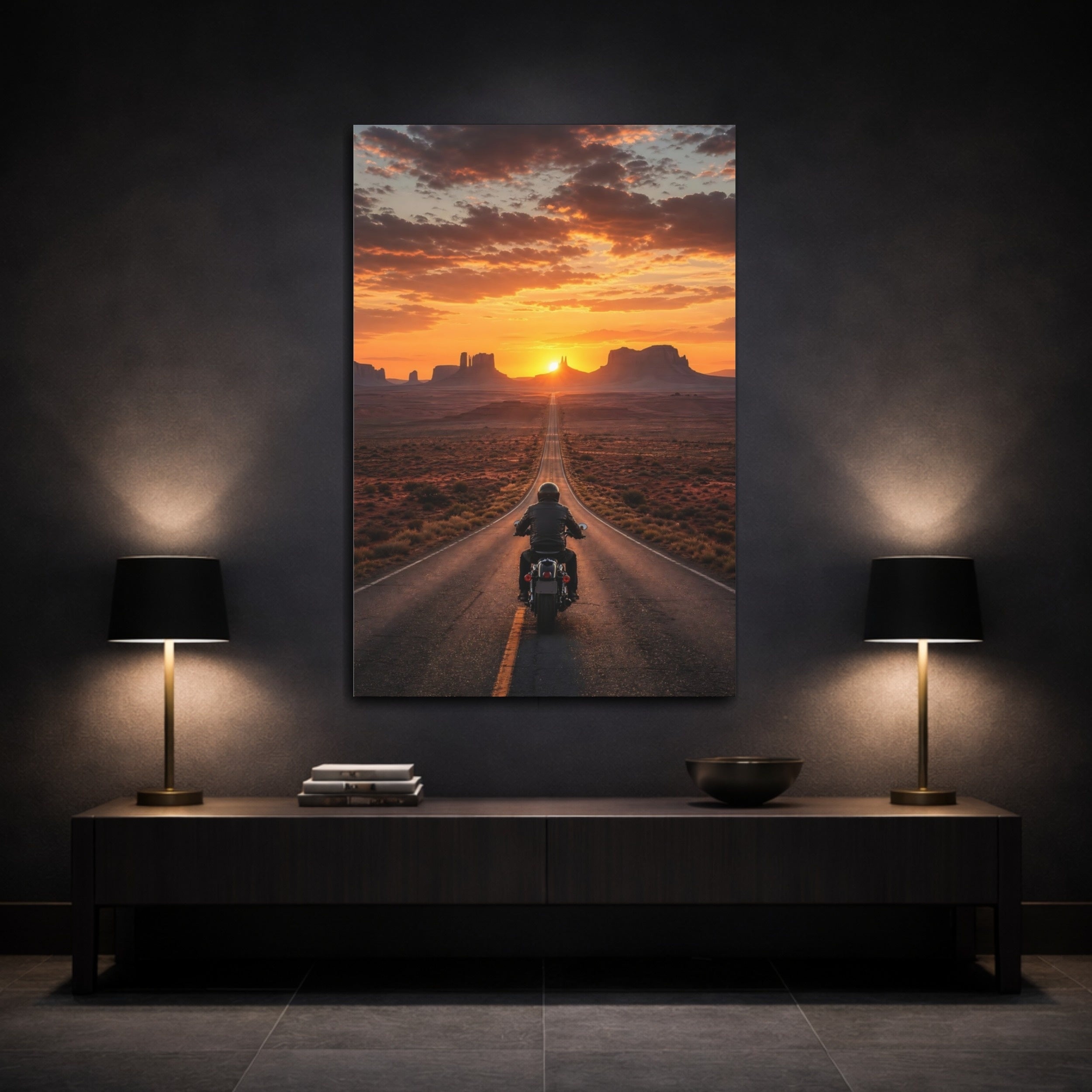 Mockup 3. Nature Motorcyclist Orange Sunset shown as stretched canvas wall art
