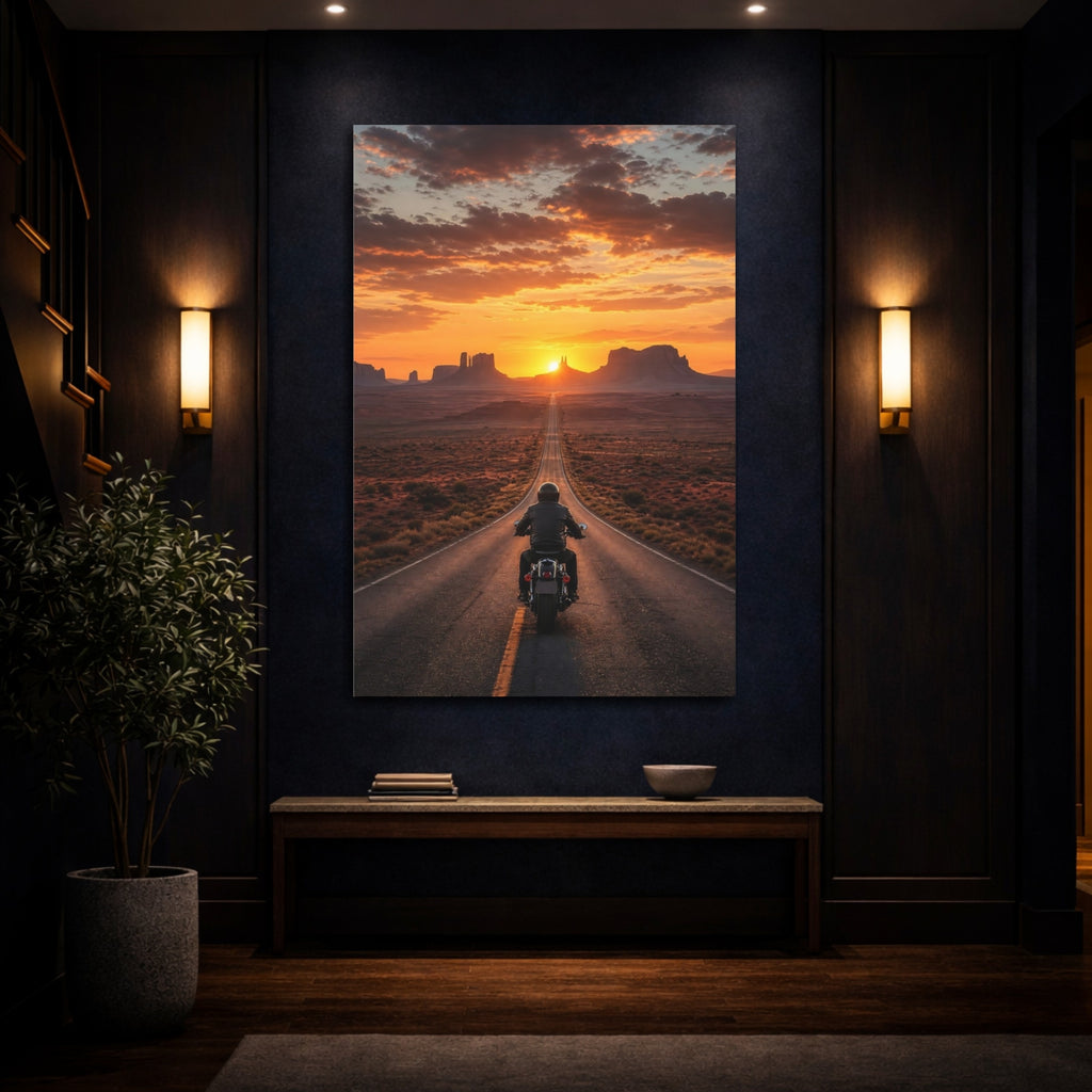 Mockup 4. Nature Motorcyclist Orange Sunset shown as stretched canvas wall art
