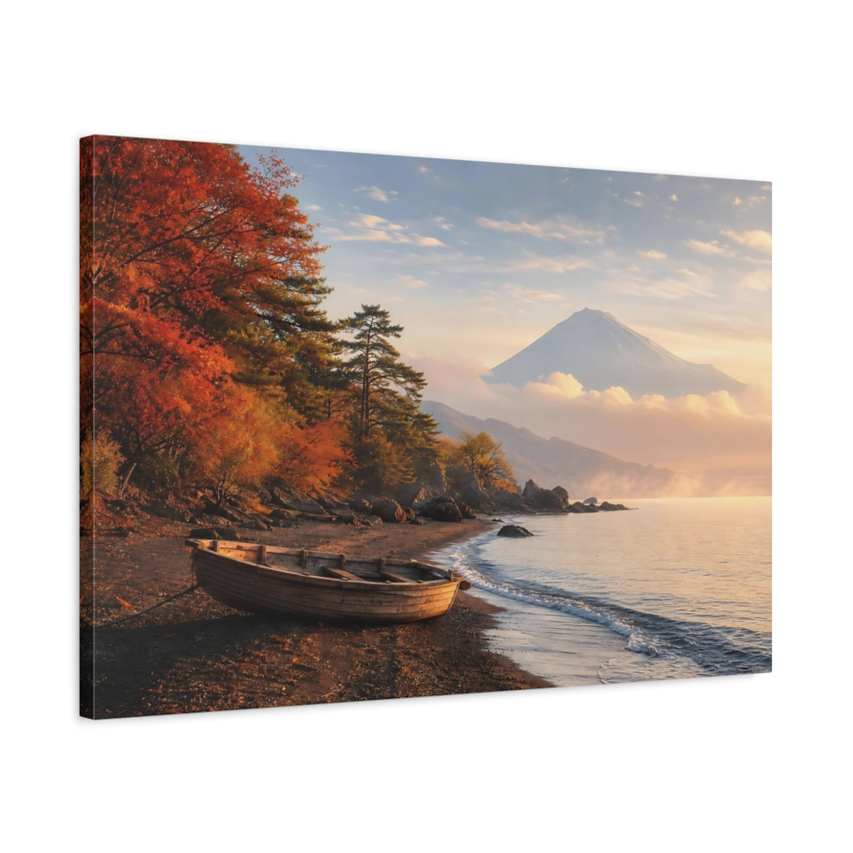 Side Mockup 2. Nature Mount Fuji Autumn Mountain Lake shown as stretched canvas wall art