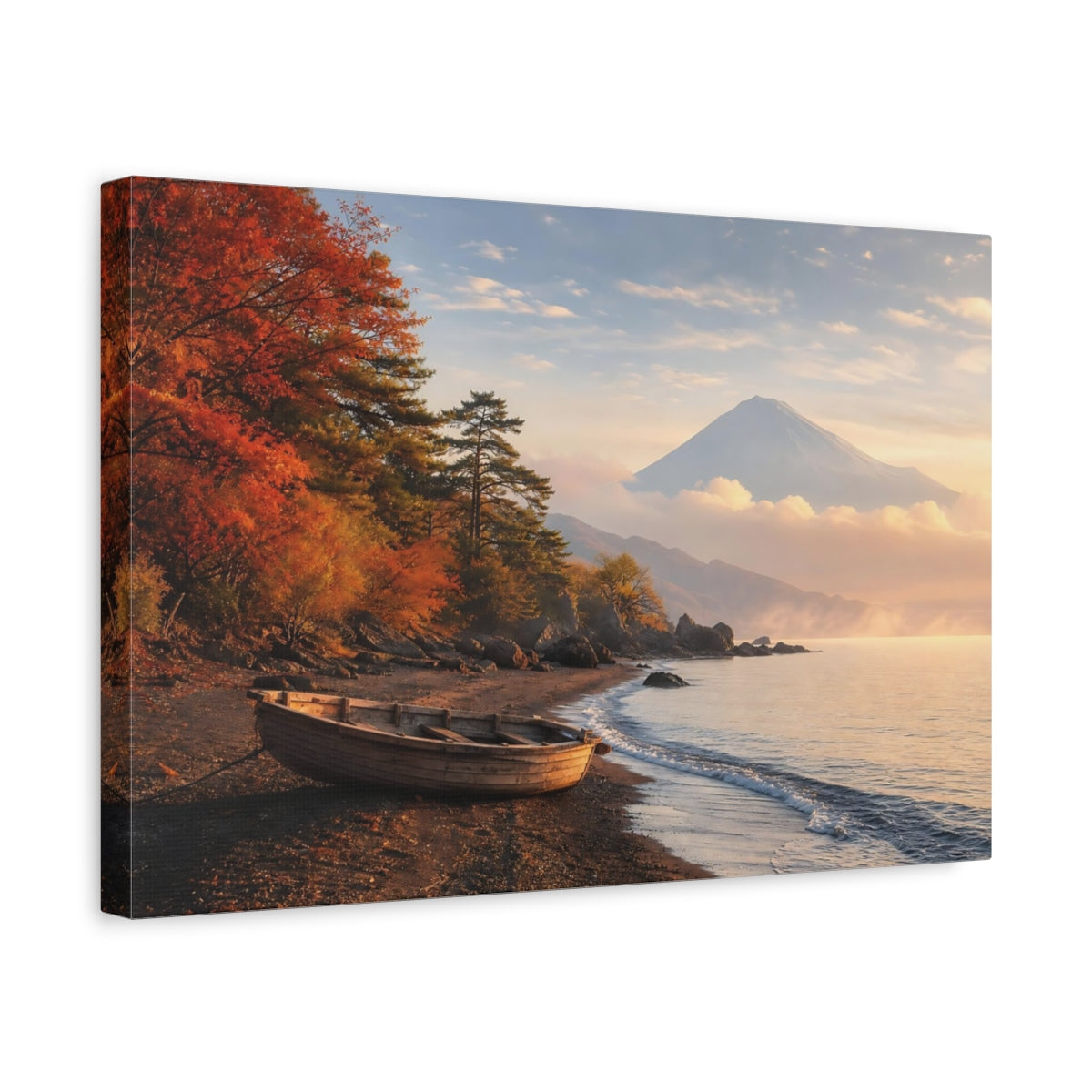 Side Mockup 4. Nature Mount Fuji Autumn Mountain Lake shown as stretched canvas wall art