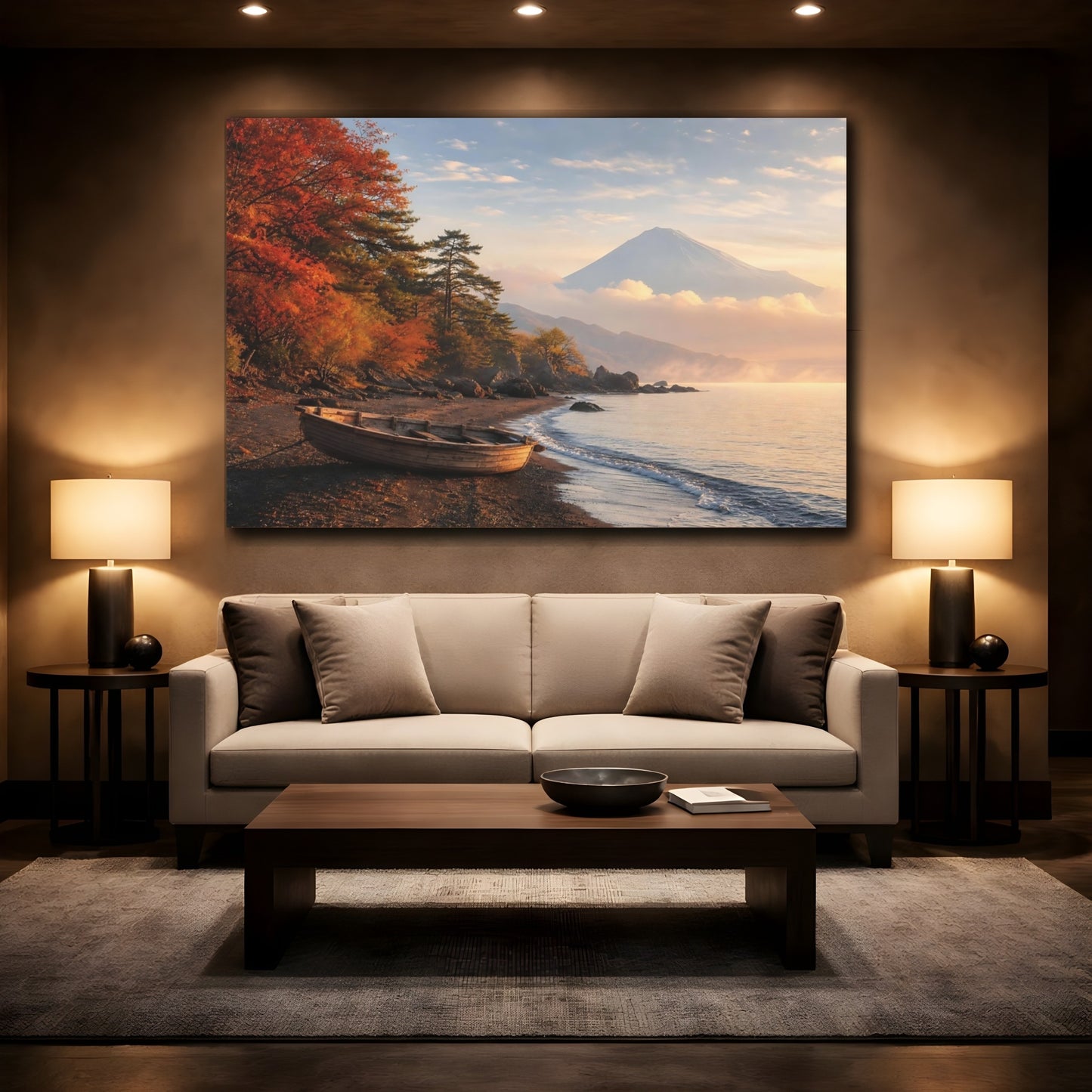Mockup 2. Nature Mount Fuji Autumn Mountain Lake shown as stretched canvas wall art
