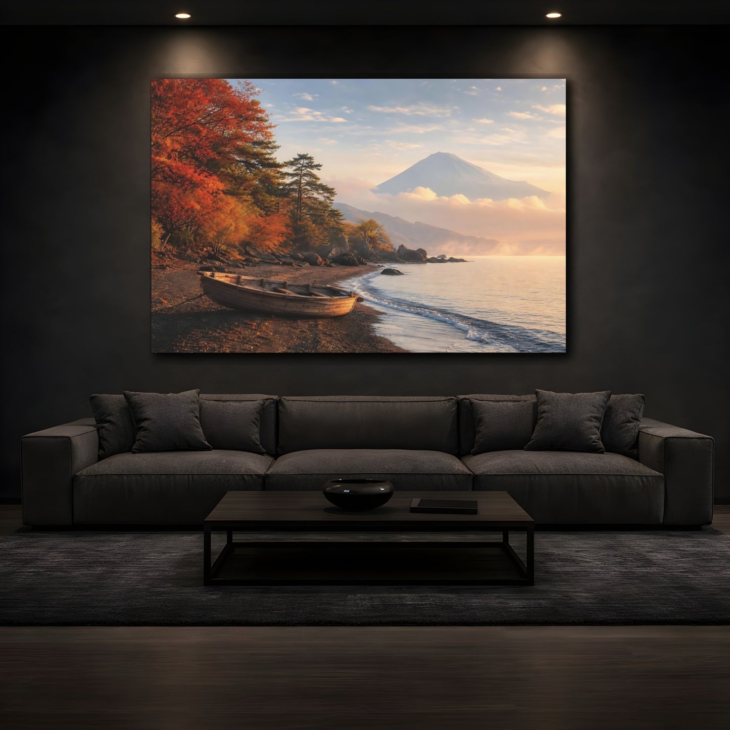 Mockup 3. Nature Mount Fuji Autumn Mountain Lake shown as stretched canvas wall art