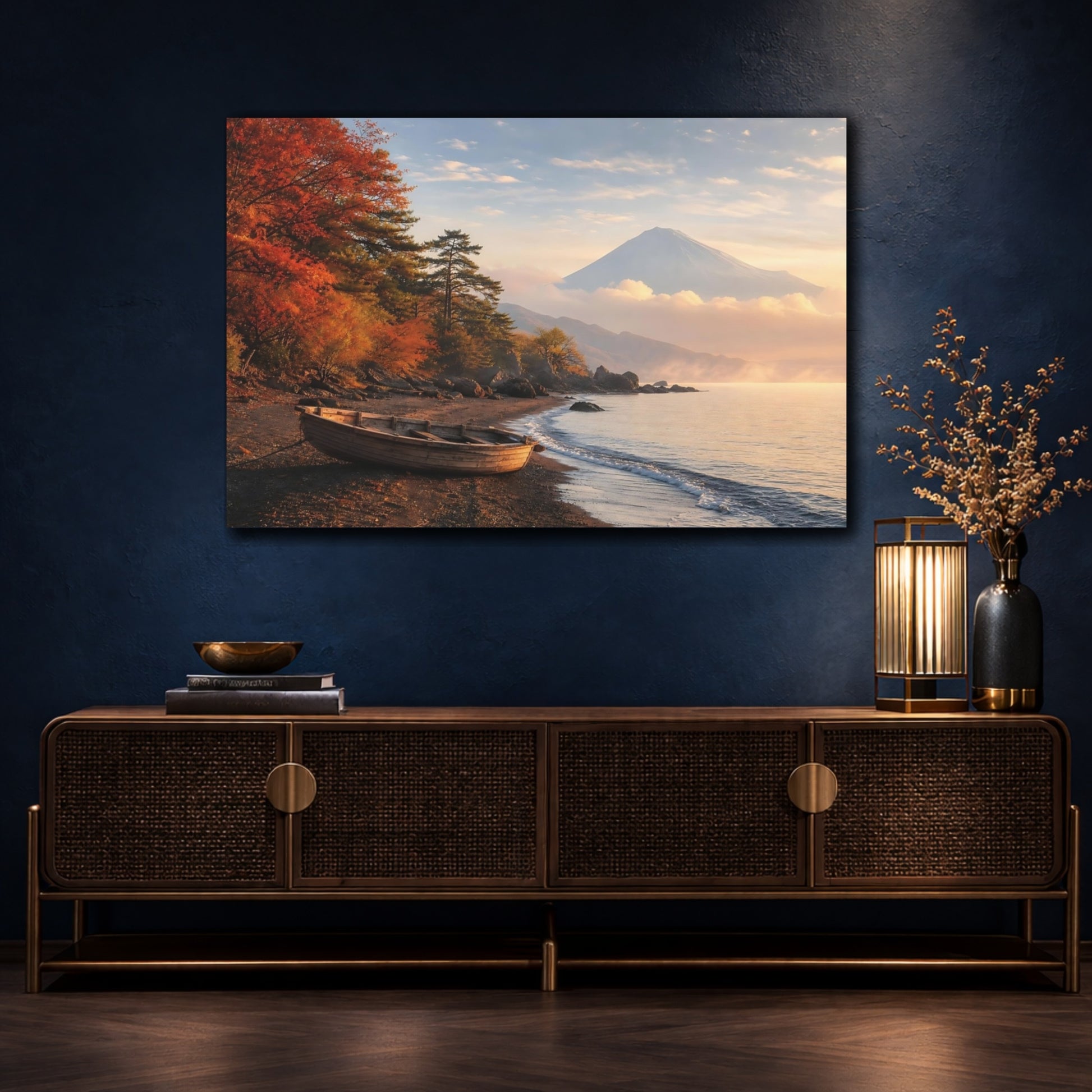 Mockup 4. Nature Mount Fuji Autumn Mountain Lake shown as stretched canvas wall art