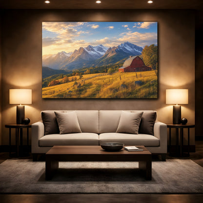 Mockup 2. Nature Mountain Barn Autumn Mountain Scene shown as stretched canvas wall art