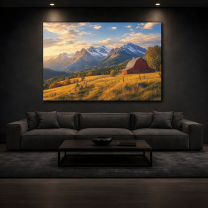 Mockup 3. Nature Mountain Barn Autumn Mountain Scene shown as stretched canvas wall art