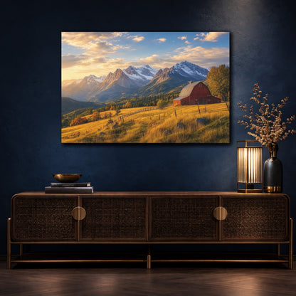 Mockup 4. Nature Mountain Barn Autumn Mountain Scene shown as stretched canvas wall art