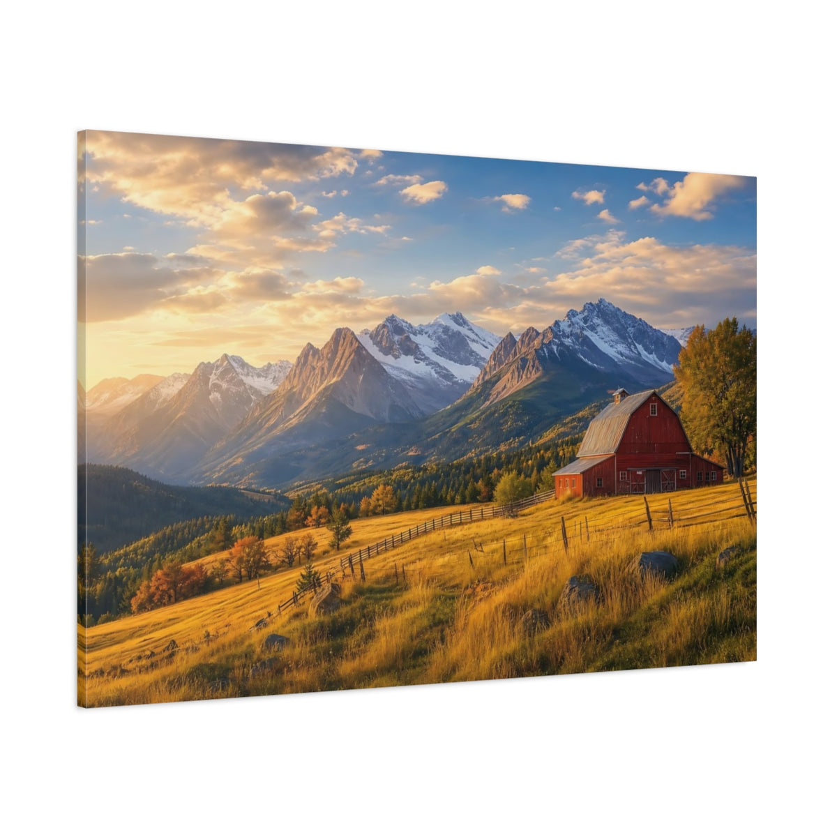 Side Mockup 1. Nature Mountain Barn Autumn Mountain Scene shown as stretched canvas wall art