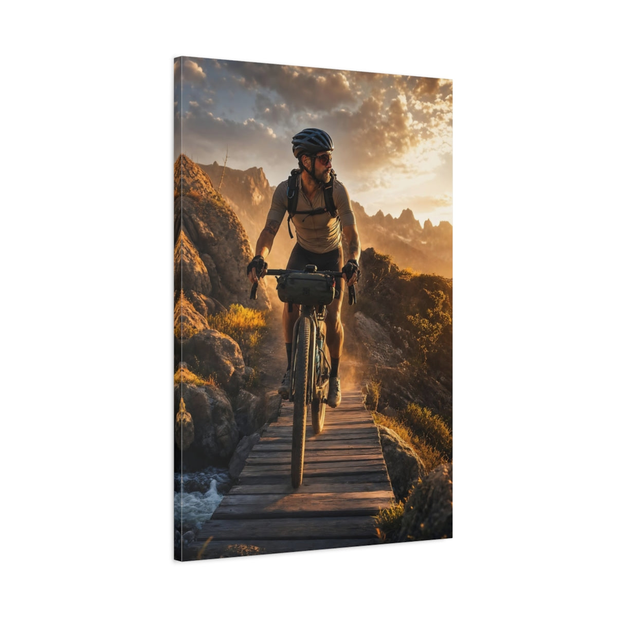 Main Mockup. Nature Mountain Biker Golden Sunset Biking shown as canvas print