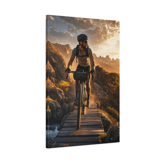 Main Mockup. Nature Mountain Biker Golden Sunset Biking shown as canvas print