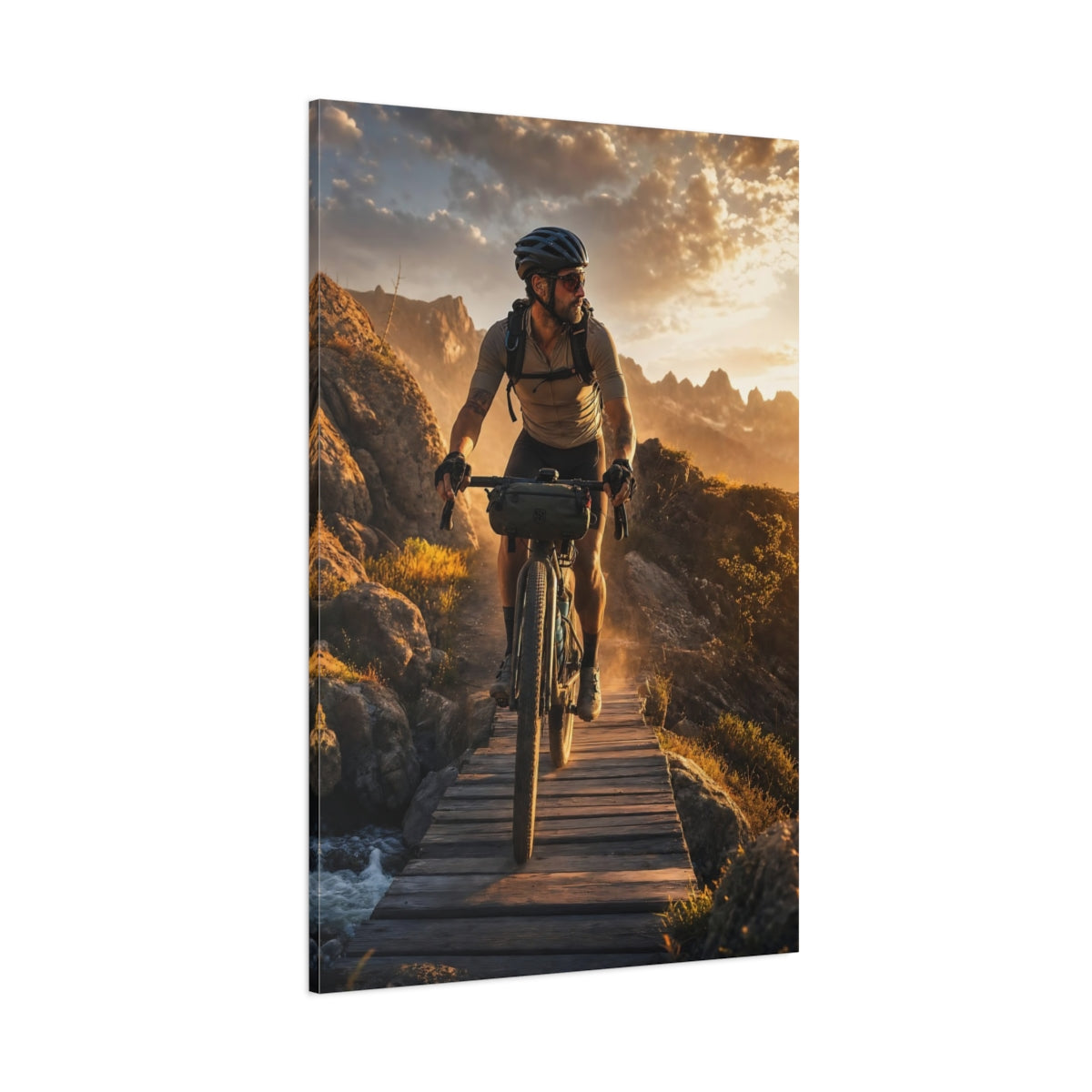 Side Mockup 1. Nature Mountain Biker Golden Sunset Biking shown as canvas print