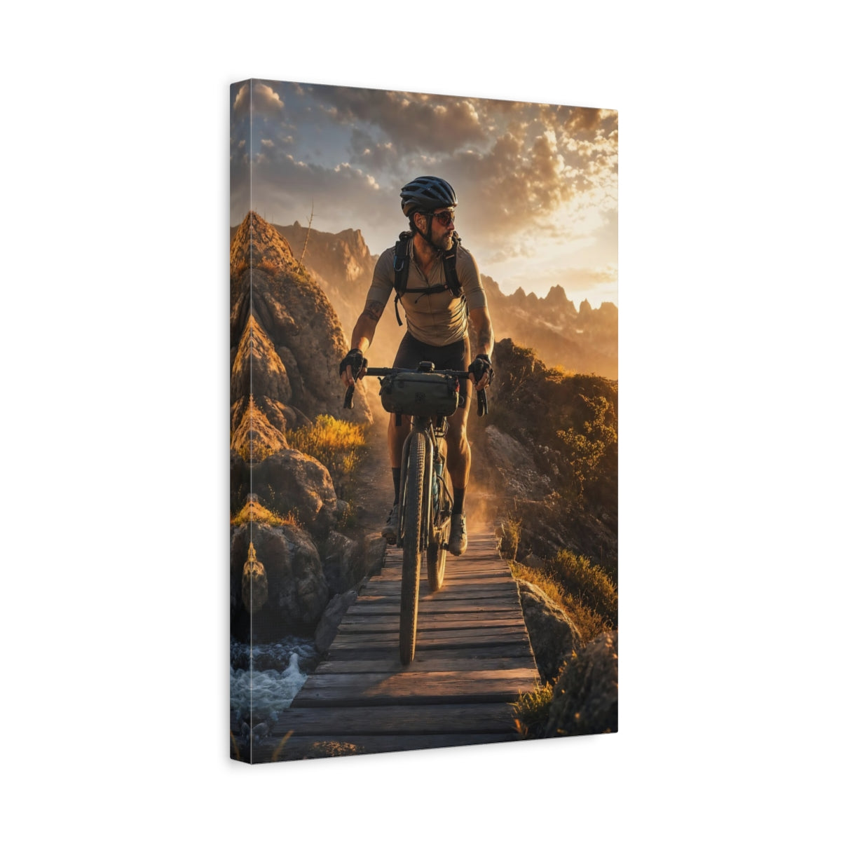 Side Mockup 4. Nature Mountain Biker Golden Sunset Biking shown as canvas print