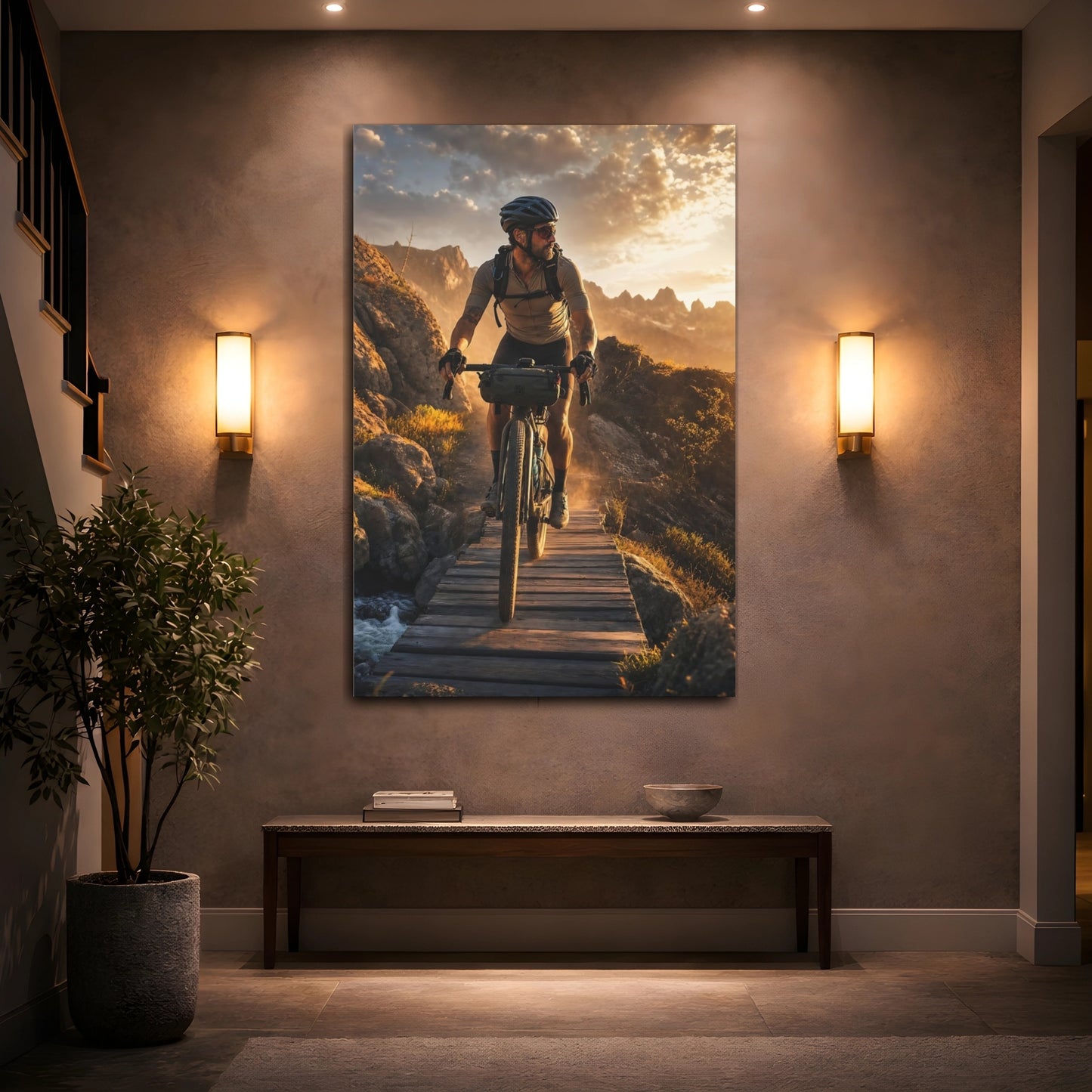 Mockup 2. Nature Mountain Biker Golden Sunset Biking shown as canvas print