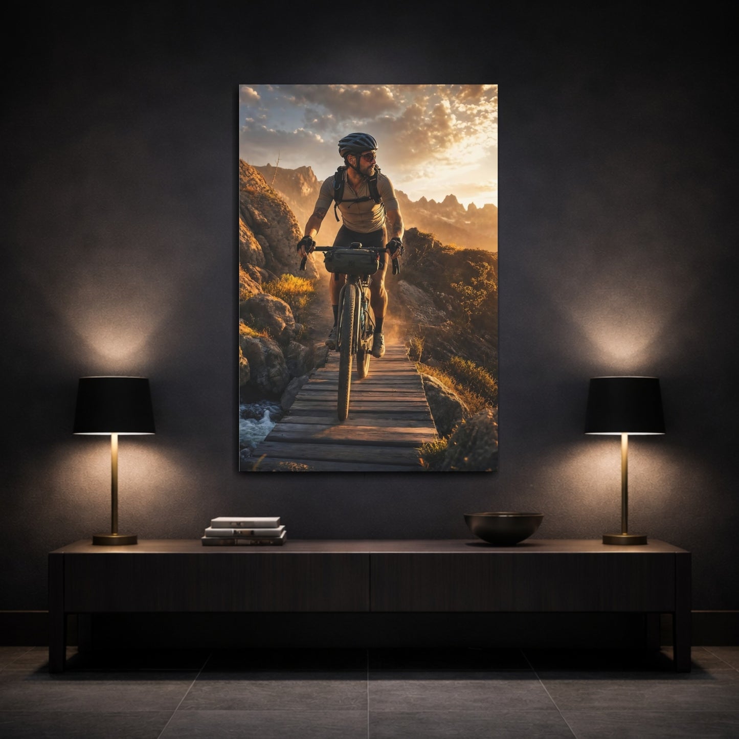 Mockup 3. Nature Mountain Biker Golden Sunset Biking shown as canvas print