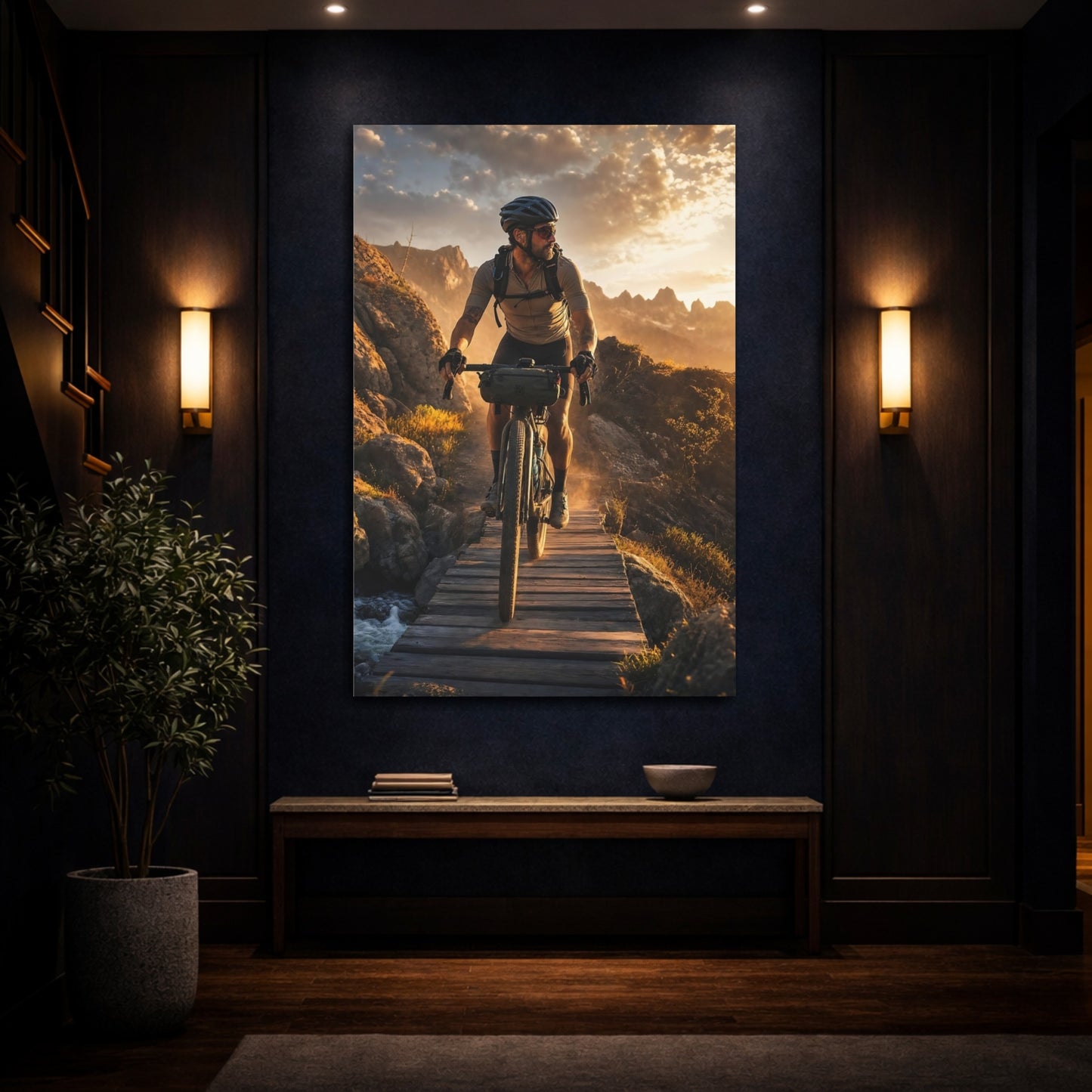 Mockup 4. Nature Mountain Biker Golden Sunset Biking shown as canvas print