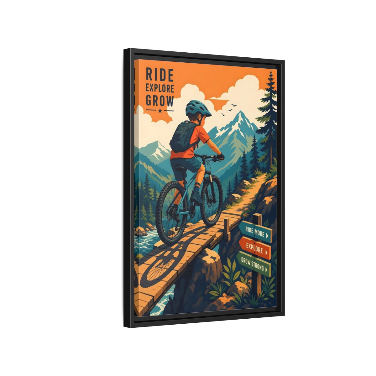 Side Mockup 3. Nature Mountain Biker Orange Blue Mountain Biking shown as framed canvas print
