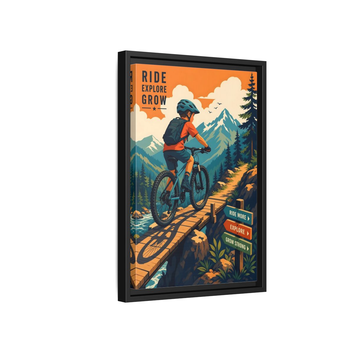 Side Mockup 6. Nature Mountain Biker Orange Blue Mountain Biking shown as framed canvas print