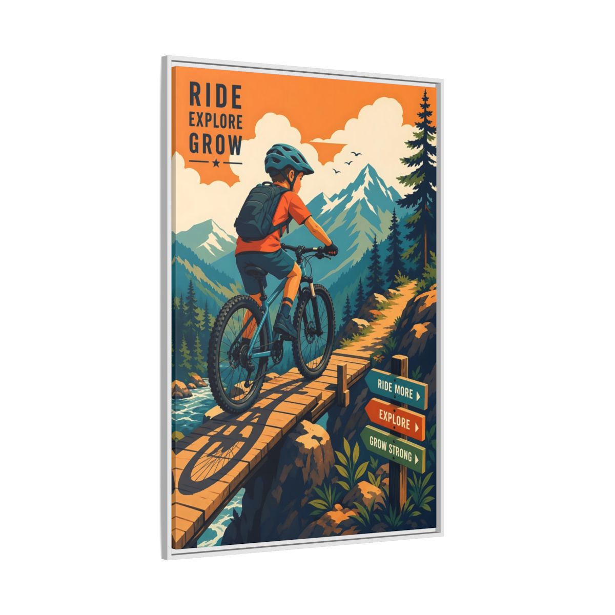 Side Mockup 7. Nature Mountain Biker Orange Blue Mountain Biking shown as framed canvas print