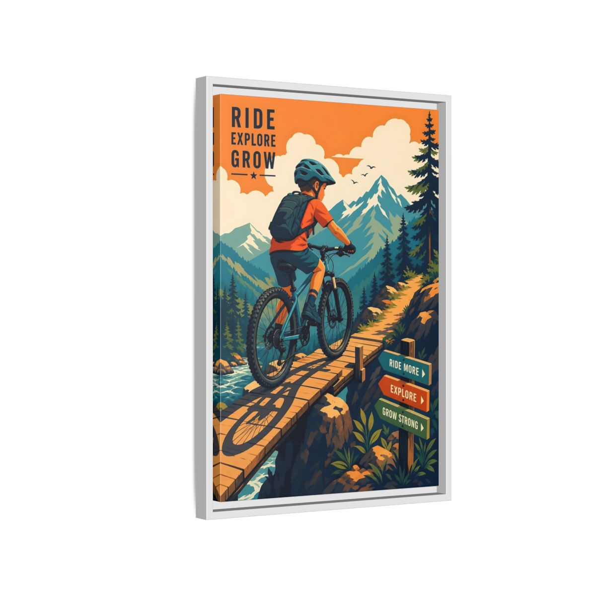Side Mockup 1. Nature Mountain Biker Orange Blue Mountain Biking shown as framed canvas print